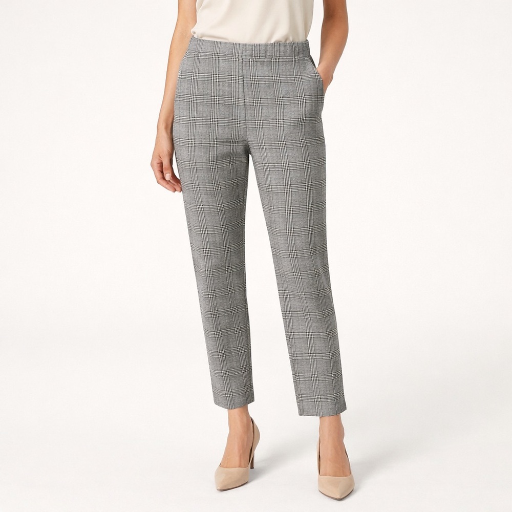 LOFT Plaid Pull On Ankle Pants Elastic Waist Gray Size Small